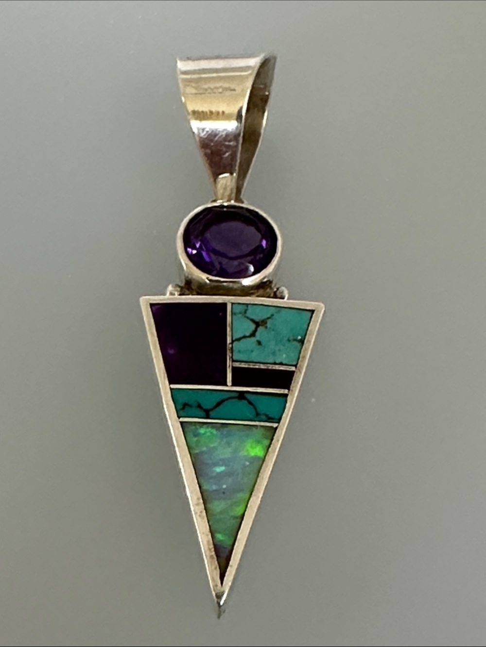 Navajo 925 Sterling Silver Amethyst & Turquoise Inlay Triangle Pendant